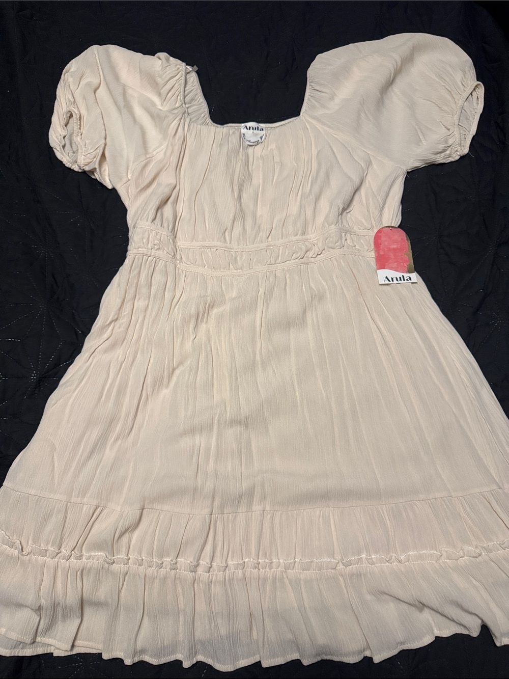 ARULA Cream Puff-Sleeve Smocked Waist Dress